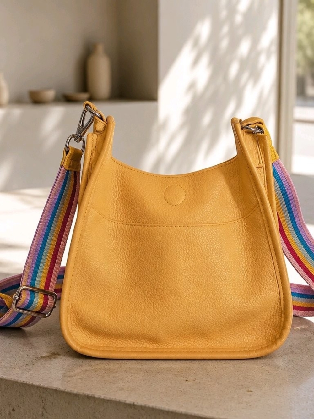 No Boundaries Yellow Shoulder Bag with Multicolor Rainbow Strap